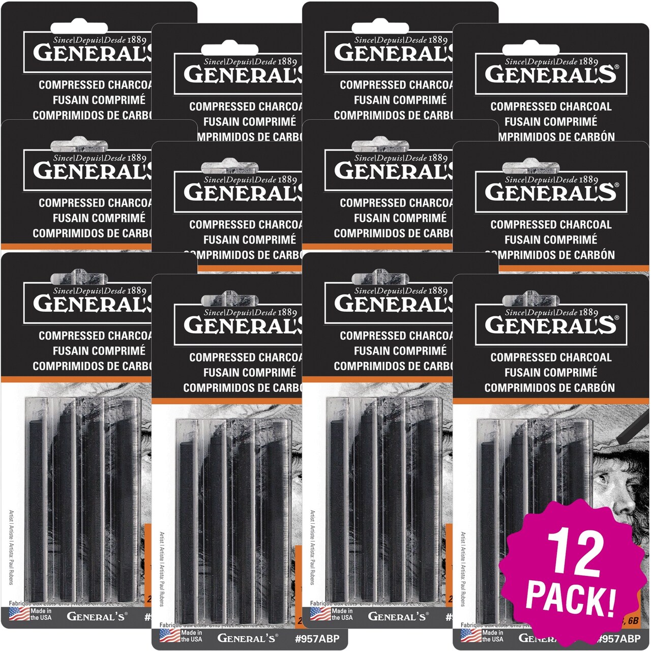 Multipack of 12 - Compressed Charcoal Sticks 4/Pkg-Black - 2B, 4B & 6B